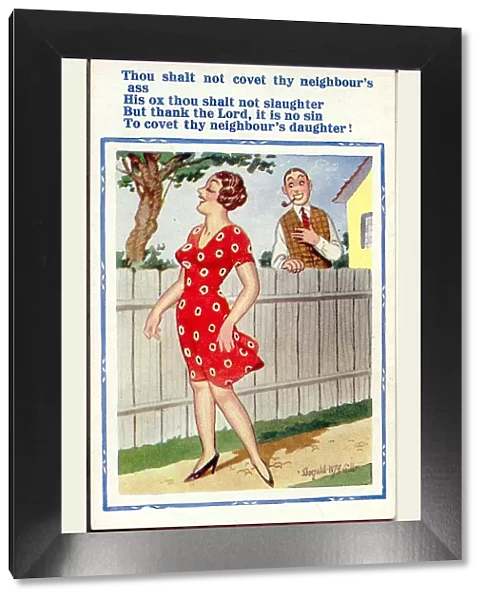 Comic postcard, Man and woman, garden fence Date: 20th century