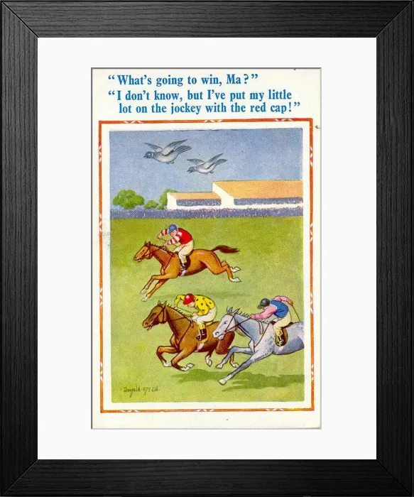 Framed Print : Comic postcard, Pigeons flying above racehorses Date: 20th century Framed Print : Comic postcard, Pigeons flying above racehorses Date: 20th century