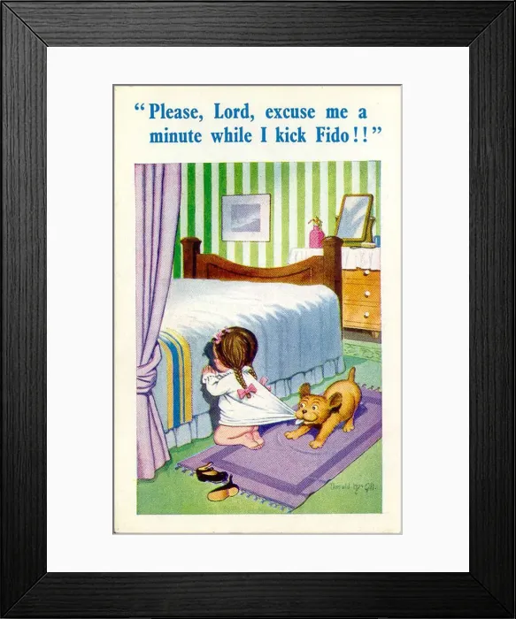 Framed Print : Comic postcard, Little girl praying by her bed, interrupted by dog Date: 20th century Framed Print : Comic postcard, Little girl praying by her bed, interrupted by dog Date: 20th century
