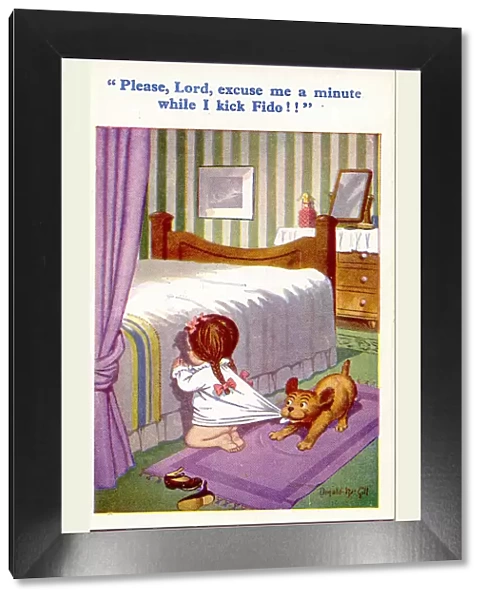 Comic postcard, Little girl praying by her bed, interrupted by dog Date: 20th century
