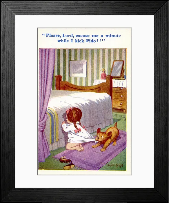 Framed Print : Comic postcard, Little girl praying by her bed, interrupted by dog Date: 20th century Framed Print : Comic postcard, Little girl praying by her bed, interrupted by dog Date: 20th century
