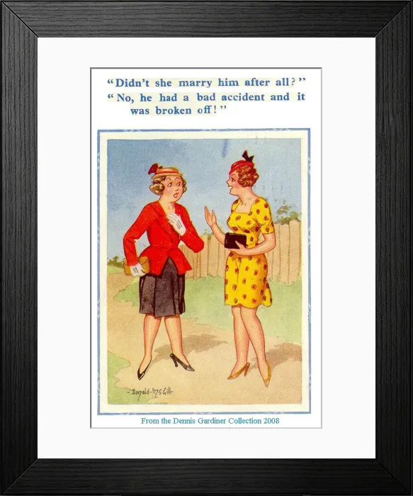 Framed Print : Comic postcard, Two women chatting Date: 20th century Framed Print : Comic postcard, Two women chatting Date: 20th century