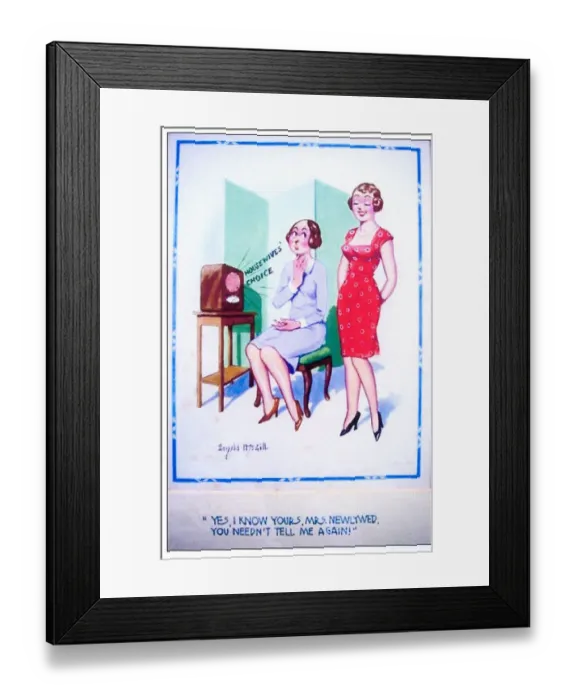Framed Print : Comic postcard, Two women listen to radio - Housewives Choice Date: 20th century Framed Print : Comic postcard, Two women listen to radio - Housewives Choice Date: 20th century