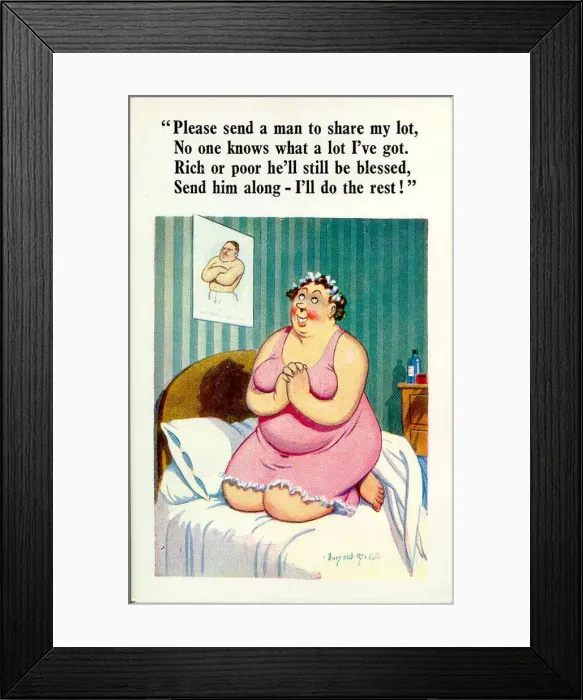 Framed Print : Comic postcard, Woman kneeling in bed, praying for a man Date: 20th century Framed Print : Comic postcard, Woman kneeling in bed, praying for a man Date: 20th century