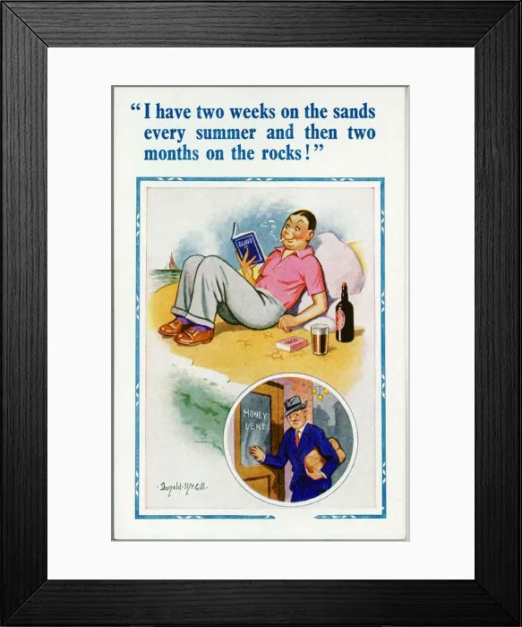 Framed Print : Comic postcard, Man relaxing on the beach Framed Print : Comic postcard, Man relaxing on the beach