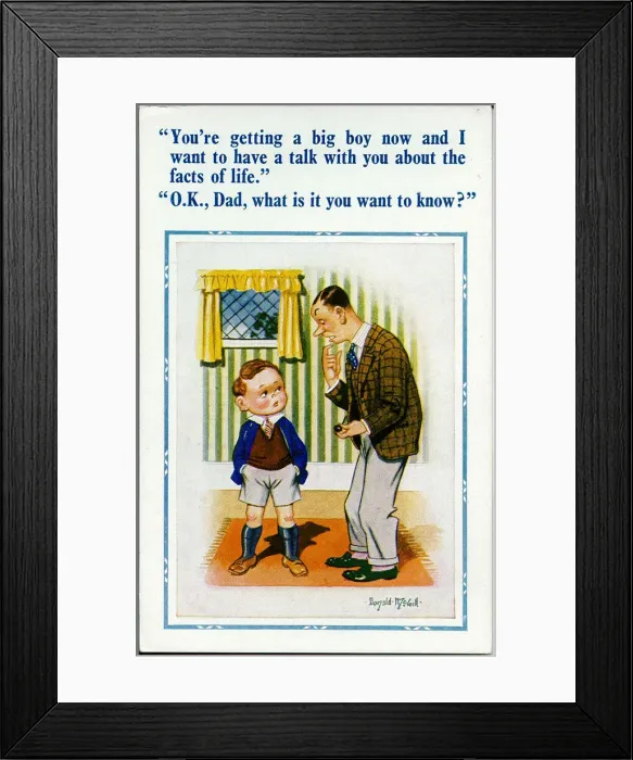 Framed Print : Comic postcard, Father and son, facts of life Date: 20th century Framed Print : Comic postcard, Father and son, facts of life Date: 20th century