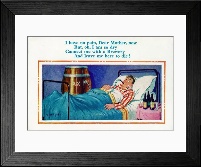 Framed Print : Comic postcard, Man in bed, drinking from beer barrel Date: 20th century Framed Print : Comic postcard, Man in bed, drinking from beer barrel Date: 20th century