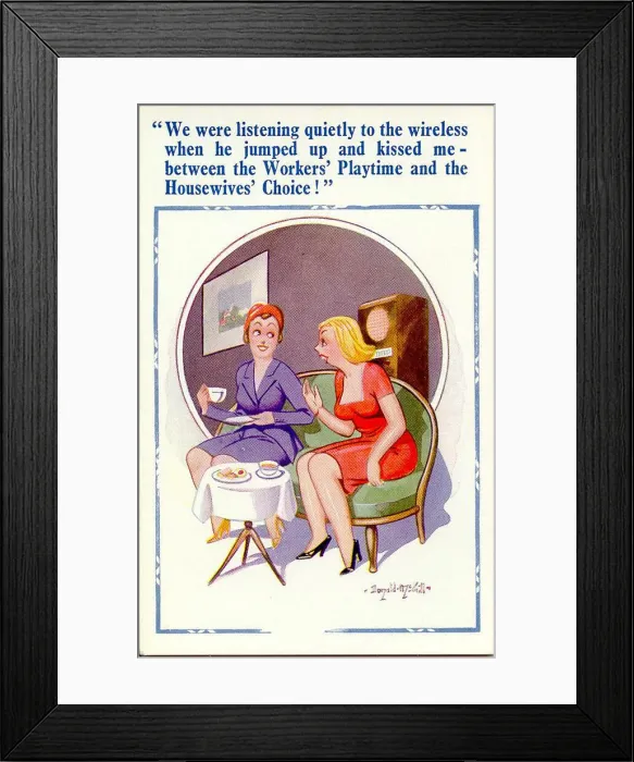 Framed Print : Comic postcard, Two women chatting Date: 20th century Framed Print : Comic postcard, Two women chatting Date: 20th century