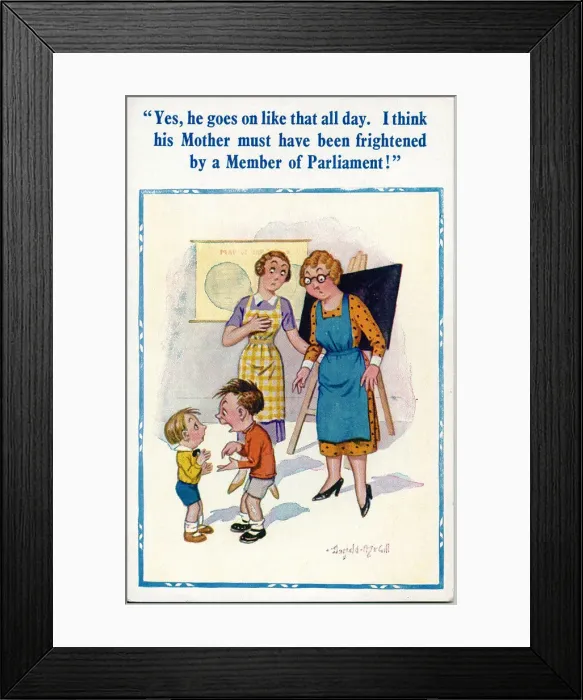 Framed Print : Comic postcard, Little boys and teachers in classroom Date: 20th century Framed Print : Comic postcard, Little boys and teachers in classroom Date: 20th century