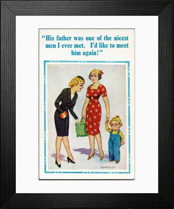 Framed Print : Comic postcard, Two women and a little boy Date: 20th century Framed Print : Comic postcard, Two women and a little boy Date: 20th century