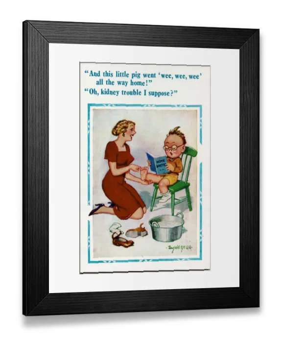 Framed Print : Comic postcard, Boy reading Home Doctor book - kidney trouble Date: 20th century Framed Print : Comic postcard, Boy reading Home Doctor book - kidney trouble Date: 20th century
