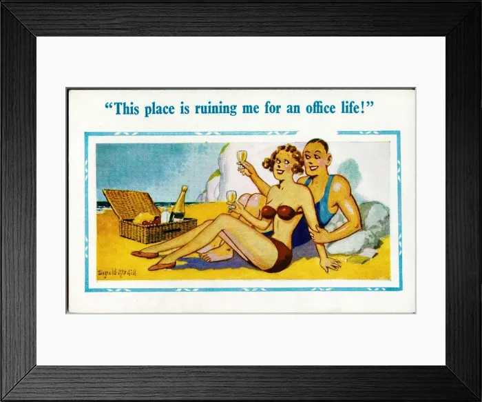Framed Print : Comic postcard, Couple having picnic on the beach Date: 20th century Framed Print : Comic postcard, Couple having picnic on the beach Date: 20th century