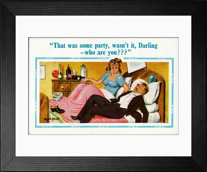 Framed Print : Comic postcard, Couple in bed - who are you? Date: 20th century Framed Print : Comic postcard, Couple in bed - who are you? Date: 20th century