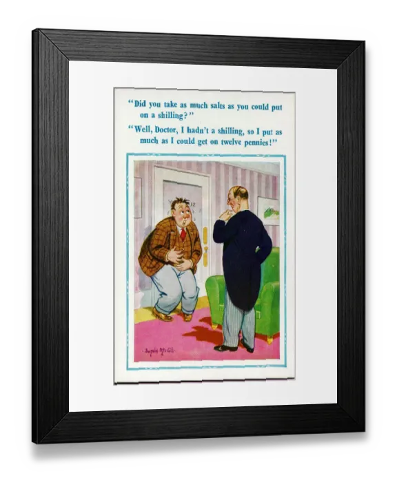Framed Print : Comic postcard, Doctor and patient Date: 20th century Framed Print : Comic postcard, Doctor and patient Date: 20th century