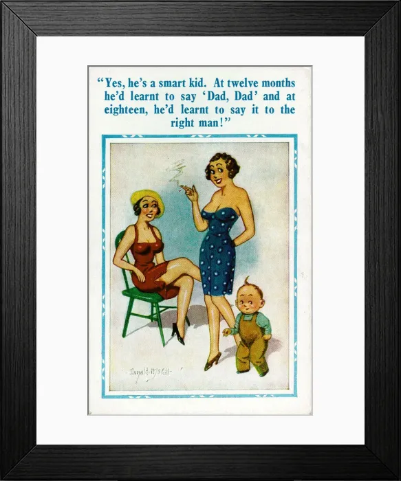 Framed Print : Comic postcard, Two women and a little boy Date: 20th century Framed Print : Comic postcard, Two women and a little boy Date: 20th century