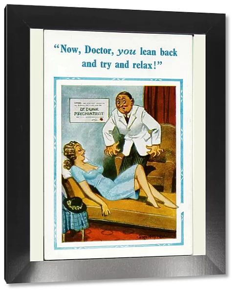 Comic postcard, Pretty woman and psychiatrist Date: 20th century