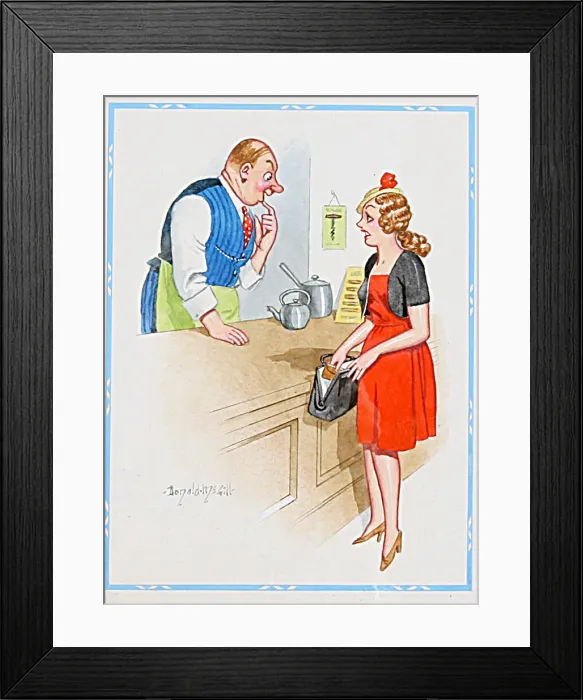 Framed Print : Comic postcard, Woman at cafe counter, short of money Date: 20th century Framed Print : Comic postcard, Woman at cafe counter, short of money Date: 20th century