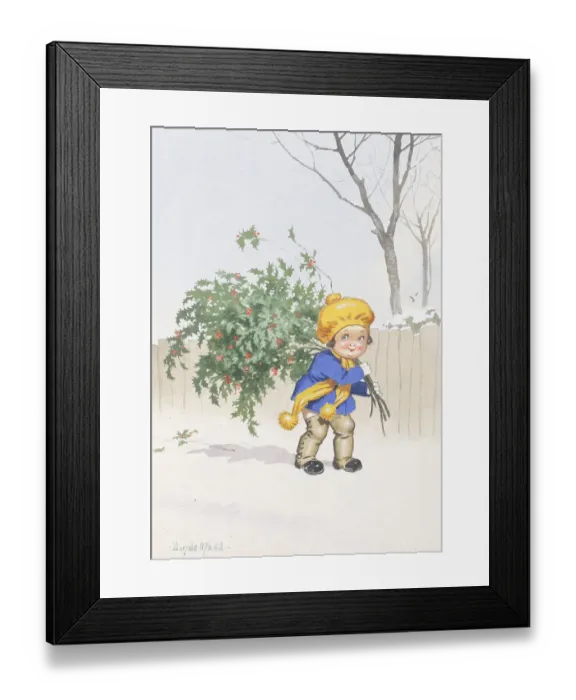 Framed Print : Christmas postcard, Little girl in the snow with holly Date: 20th century Framed Print : Christmas postcard, Little girl in the snow with holly Date: 20th century