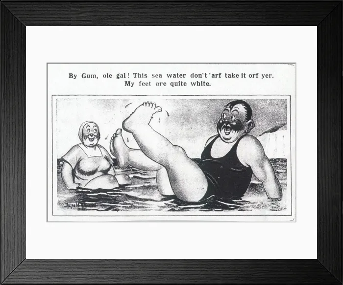Framed Print : Comic postcard, Plump couple in the sea Date: 20th century Framed Print : Comic postcard, Plump couple in the sea Date: 20th century