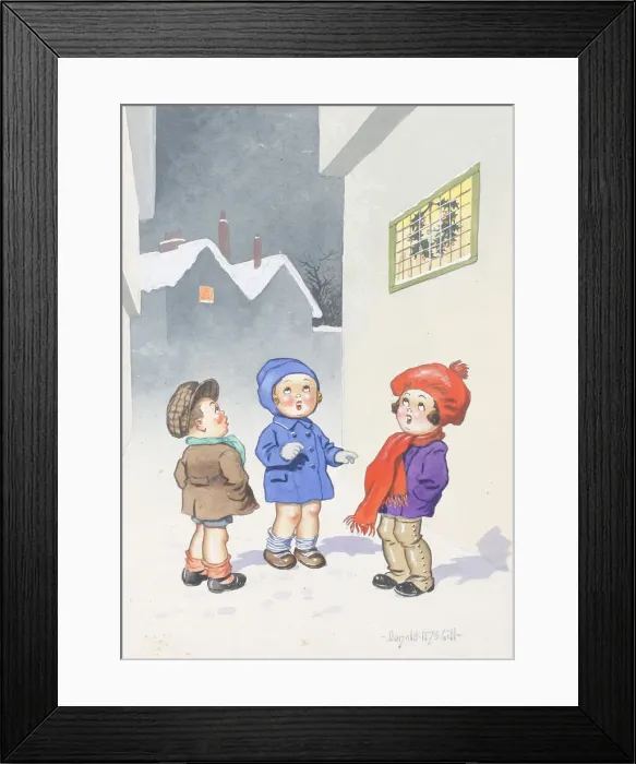 Framed Print : Christmas postcard, Three children carol singing in the street Date: 20th century Framed Print : Christmas postcard, Three children carol singing in the street Date: 20th century