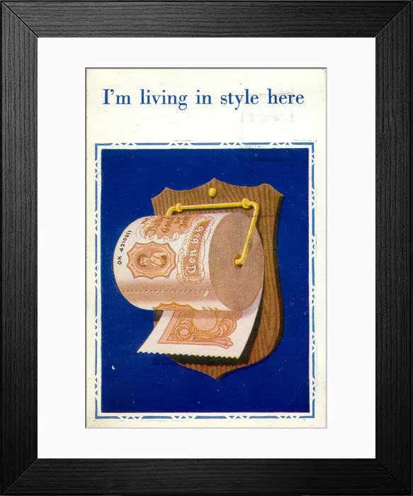 Framed Print : Comic postcard, I m living in style here - a toilet roll made of ten shilling notes Framed Print : Comic postcard, I m living in style here - a toilet roll made of ten shilling notes