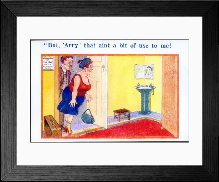 Framed Print : Comic postcard, Couple arrive in hotel room Date: 20th century Framed Print : Comic postcard, Couple arrive in hotel room Date: 20th century