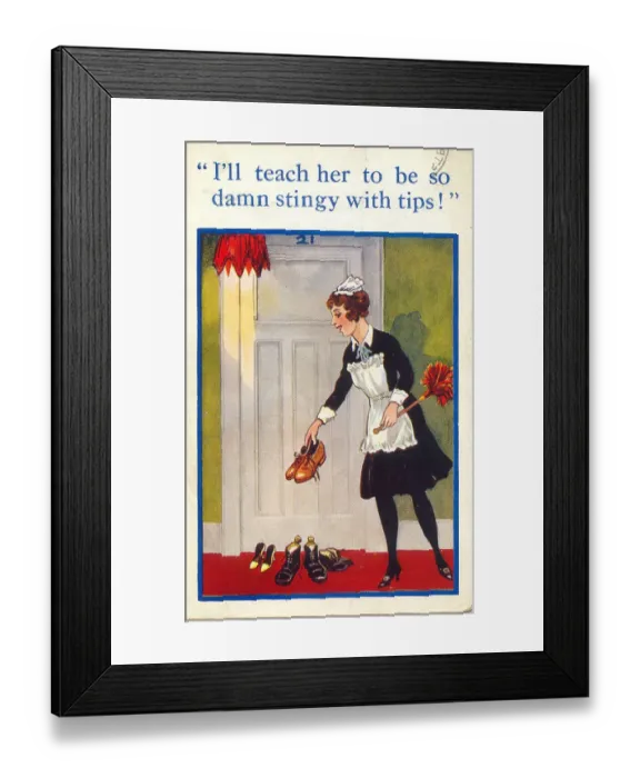 Framed Print : Comic postcard, Maid with boots and shoes outside hotel room Date: 20th century Framed Print : Comic postcard, Maid with boots and shoes outside hotel room Date: 20th century