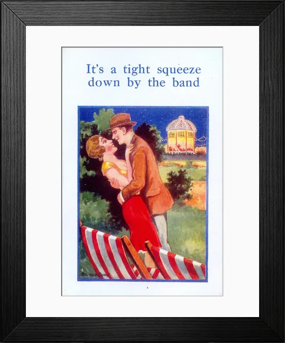 Framed Print : Comic postcard, Young couple near the bandstand Date: 20th century Framed Print : Comic postcard, Young couple near the bandstand Date: 20th century