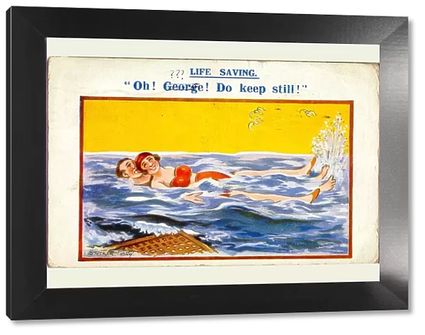 Comic postcard, Young couple in the sea - Life Saving Date: 20th century