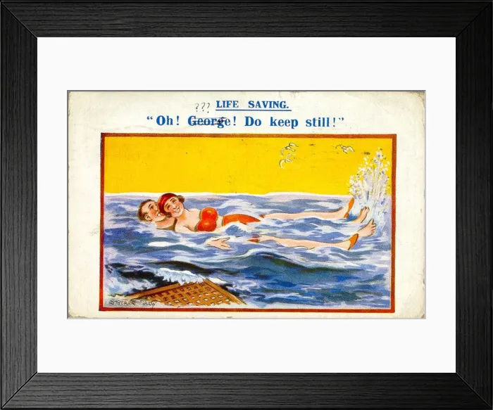 Framed Print : Comic postcard, Young couple in the sea - Life Saving Date: 20th century Framed Print : Comic postcard, Young couple in the sea - Life Saving Date: 20th century