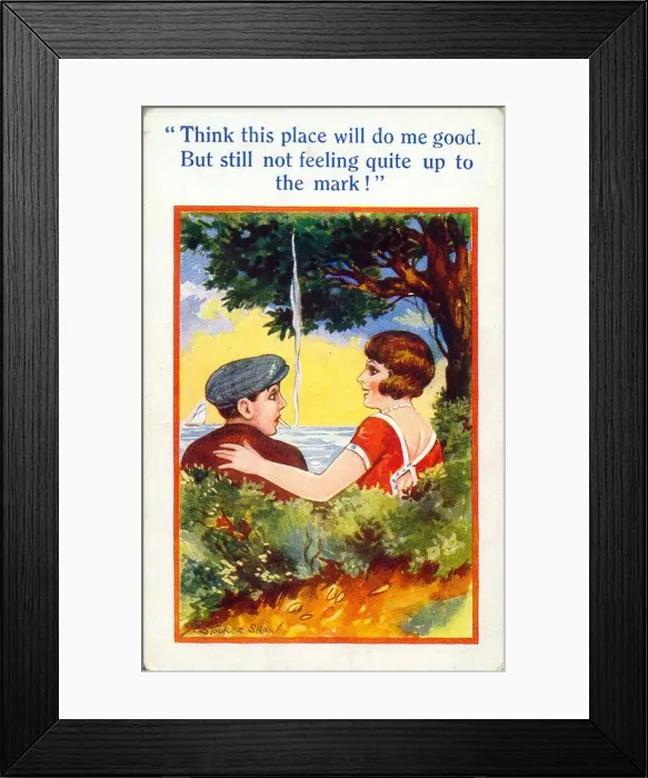 Framed Print : Comic postcard, Young couple at the seaside Date: 20th century Framed Print : Comic postcard, Young couple at the seaside Date: 20th century