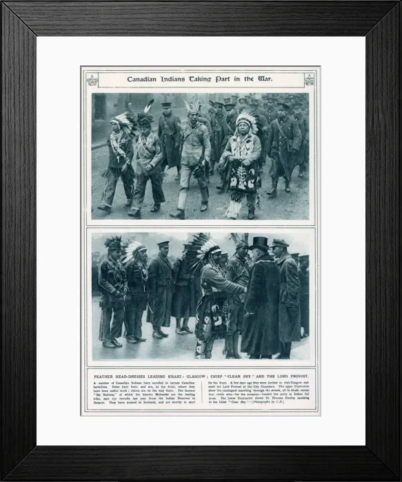 Framed Print : Canadian Indians in traditional dress taking part in the war. Date: 1916 Framed Print : Canadian Indians in traditional dress taking part in the war. Date: 1916