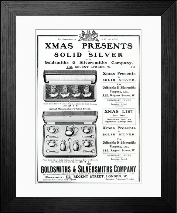 Framed Print : Advert for Xmas presents in solid silver at the Goldsmiths & Silversmiths Company Framed Print : Advert for Xmas presents in solid silver at the Goldsmiths & Silversmiths Company