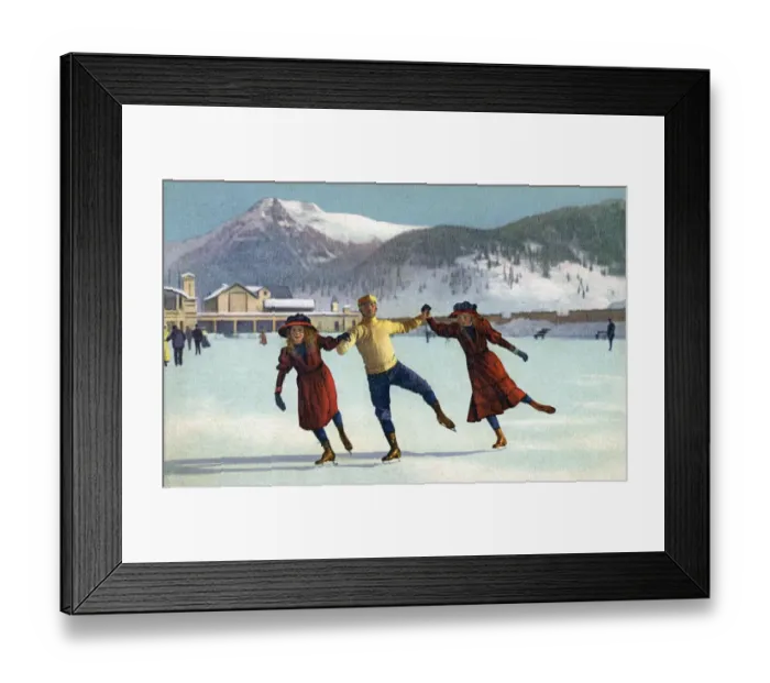 Framed Print : A Jolly Trio of Swiss Ice Skaters enjoying a spin on the rink. Date: 1908 Framed Print : A Jolly Trio of Swiss Ice Skaters enjoying a spin on the rink. Date: 1908