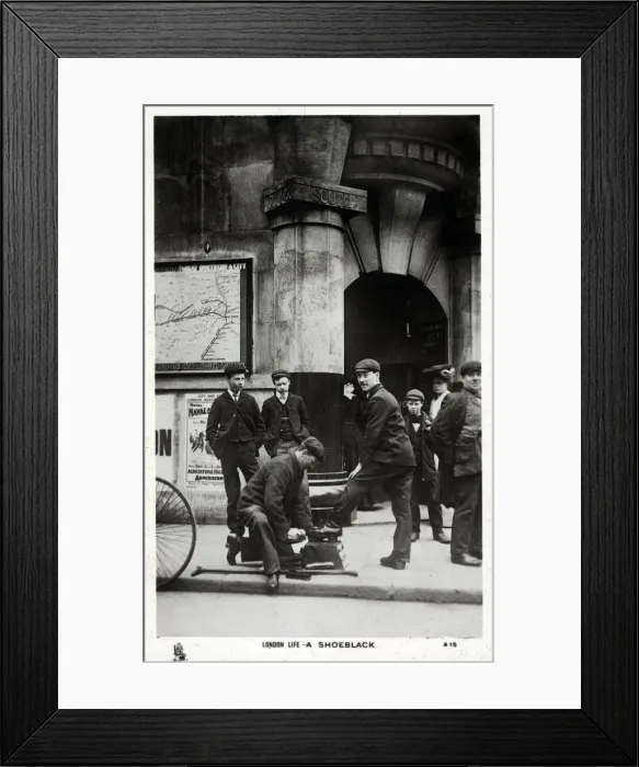 Framed Print : London Life - A Shoeblack works outside a Station Entrance on The City and South London Railway (C&SLR), the tunnels and lines of which now form the Bank Branch of the Northern line, Date: circa 1910s Framed Print : London Life - A Shoeblack works outside a Station Entrance on The City and South London Railway (C&SLR), the tunnels and lines of which now form the Bank Branch of the Northern line, Date: circa 1910s
