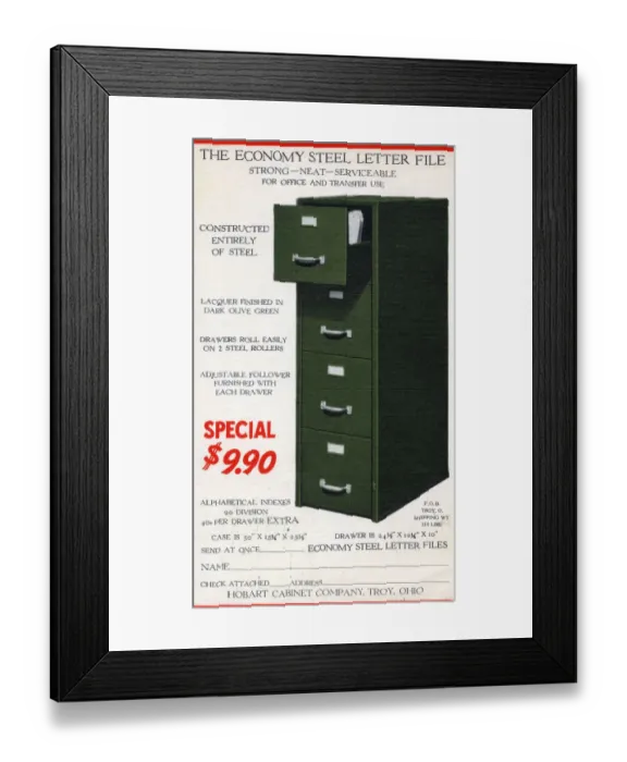 Framed Print : The Economy Steel Letter File - Filing Cabinet - produced by Hobart Cabinet Company, Troy, Ohio, USA (established in 1907). Strong, Neat and Serviceable for Office and Transfer use. Date: circa 1923