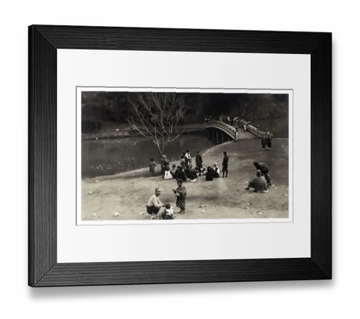 Framed Print : Park at Yokohama, Japan - late 1920s - the boys and men have adopted European Western dress, however, the women still wear traditional costume at this point. Date: 1929 Framed Print : Park at Yokohama, Japan - late 1920s - the boys and men have adopted European Western dress, however, the women still wear traditional costume at this point. Date: 1929