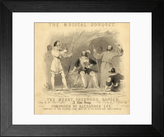 Framed Print : Robin Hood and his men on a music sheet Framed Print : Robin Hood and his men on a music sheet