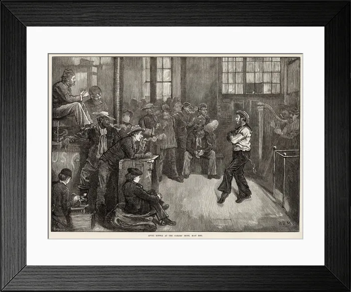 Framed Print : After dinner at the Sailors'Home, in Wells Street, near the London Docks in the East End. A sailor dancing the hornpipe accompanied by a harp. Date: 1873 Framed Print : After dinner at the Sailors'Home, in Wells Street, near the London Docks in the East End. A sailor dancing the hornpipe accompanied by a harp. Date: 1873