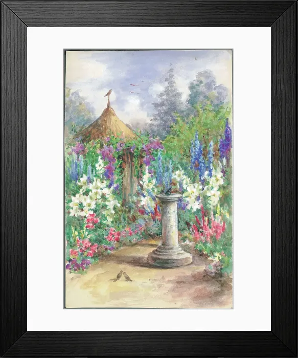 Framed Print : Sundail with lillies and Delphinians Framed Print : Sundail with lillies and Delphinians