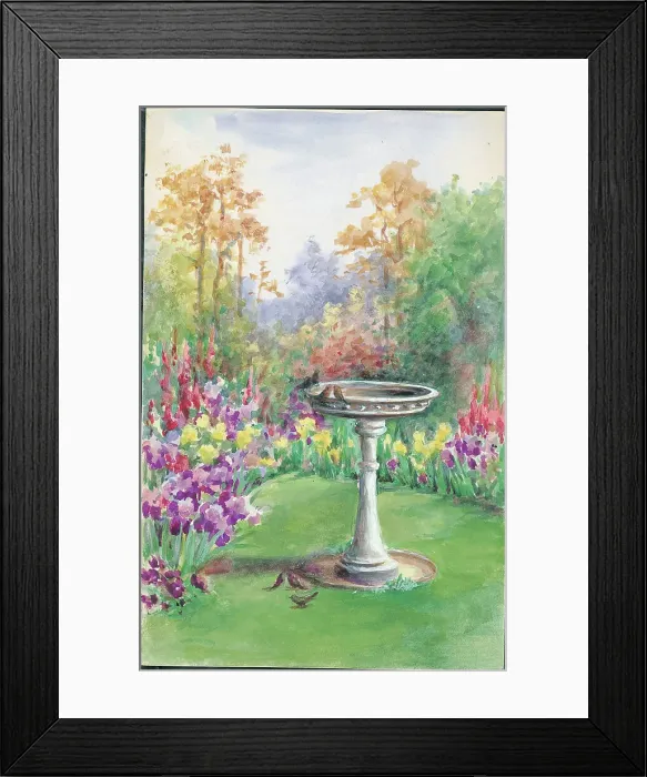 Framed Print : Bird bath'. Garden with flowers, lawn and birdbath Framed Print : Bird bath'. Garden with flowers, lawn and birdbath