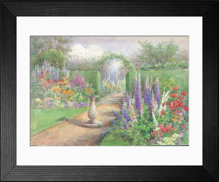 Framed Print : (No title). Garden with flower borders, hedging and sundial Framed Print : (No title). Garden with flower borders, hedging and sundial