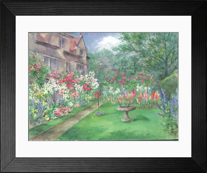 Framed Print : Roses & Lillies'. Garden with lawn, flower borders and house Framed Print : Roses & Lillies'. Garden with lawn, flower borders and house