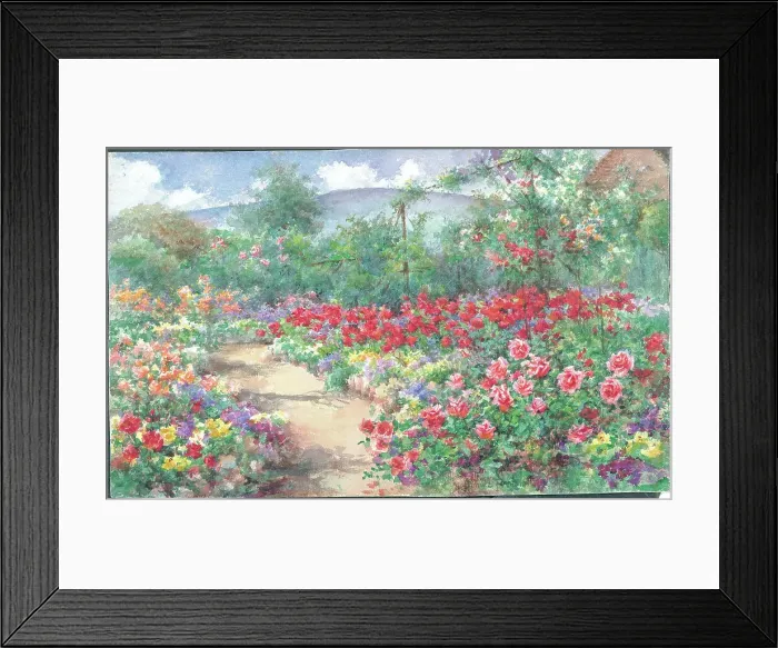 Framed Print : In the Rose Garden'. Garden with path and flower borders Framed Print : In the Rose Garden'. Garden with path and flower borders