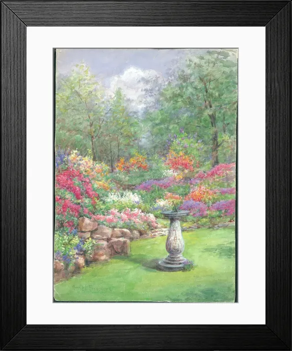 Framed Print : (No title). Garden with lawn, sundial and flower borders Framed Print : (No title). Garden with lawn, sundial and flower borders