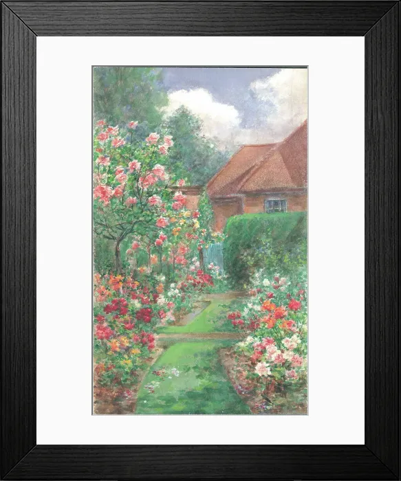 Framed Print : (No title). Garden with path, flower borders and house Framed Print : (No title). Garden with path, flower borders and house