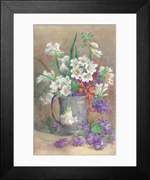 Framed Print : Fresia & Parma Violets'. Flowers in jug Framed Print : Fresia & Parma Violets'. Flowers in jug