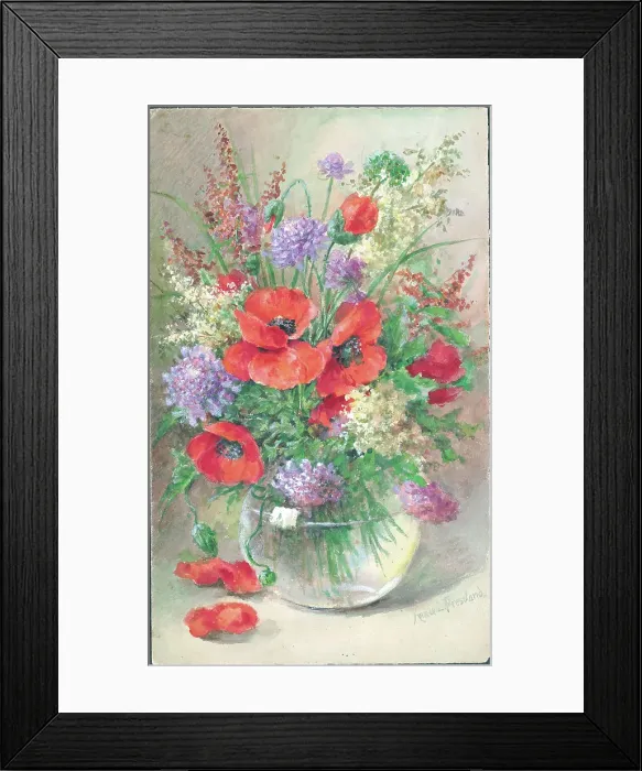 Framed Print : Poppies Scabious and Meadowsweet Flowers in vase Framed Print : Poppies Scabious and Meadowsweet Flowers in vase