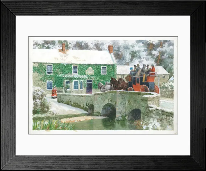 Framed Print : Coaching scene at The White Swan Bibury winter Framed Print : Coaching scene at The White Swan Bibury winter