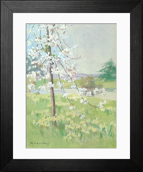 Framed Print : Tree and daffodils with river beyond Framed Print : Tree and daffodils with river beyond